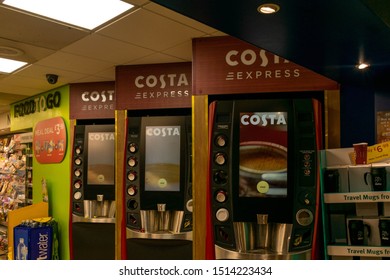 Durham, UK - 23rd August 2019: Costa Coffee Express Coffee Machine At A Motorway Service Station. Motorists Can Self Serve A Hot Caffeine Beverage Drink To Go To Ensure They Stay Awake Whilst Driving