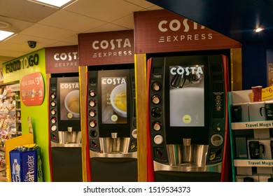 Durham, UK - 23rd August 2019: Costa Coffee Express Coffee Machine At A Motorway Service Station. Motorists Can Self Serve A Hot Caffeine Beverage Drink To Go To Ensure They Stay Awake Whilst Driving