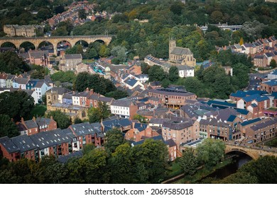 Durham,UK, 8th October 2021.Magnificent panoramic aerial views over city streets and houses of Durham.