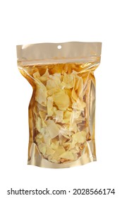 Durian chips fried in plastic bags for sale is snack of Thailand isolated on white background included clipping path.