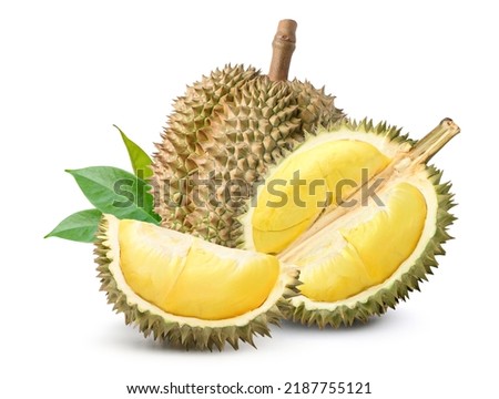 Durian fruit with cut in half isolated on white background. Clipping path.