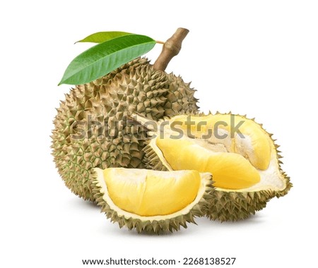 Durian fruit with cut in half isolated on white background. Clipping path.