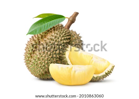 Durian fruit with slices and leaves  isolated on white background.