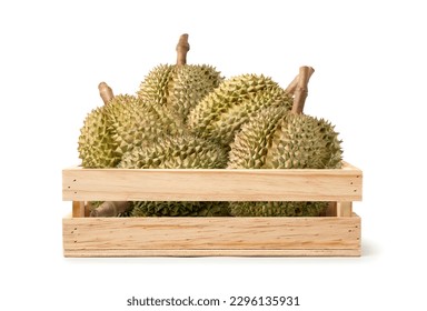 Durian fruits in wooden crate isolate on white background. Clipping path. - Powered by Shutterstock