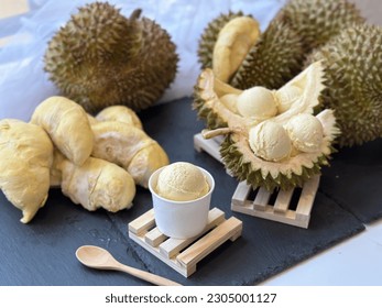Durian Ice Cream made in the ice cream maker is fresh and creamy with a delicious tangy and sweet flavour, It is the most expensive and most delicious of all durians. Rare durian in Thailand - Shutterstock ID 2305001127