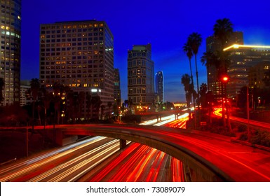 During The Blue Hour, Rush Hour Traffic In Downtown Los Angeles, California.