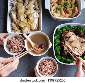 During Chinese Festivals, Lavish Home Cooked Dishes / Festive Food / Salt Baked Free Range Chicken, Braised Abalone, Chinese Mushrooms, Broccoli, Steamed Big Prawns And Double Boiled Lotus Root Soup