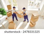 During relocation or delivery, two movers are seen carrying boxes into either a home or office space. Coordinated efforts reflect the professionalism of a relocation service.