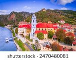 Durnstein, Austria. Beautiful Blue Cathedral, Wachau Valley on Danube River.