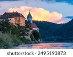 Durnstein town and Donau river in Wachau valley Austria on sunset. Traditional wine and tourism region,