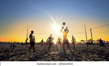 Durres, Albania - Circa Aug, 2017: Beach Volleyball Silhouette At Sunset