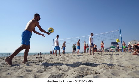 Durres, Albania - circa Aug, 2017: Beach Volleyball players Play At Famous Beach in Durres, Albania. Dynamic sport action outdoor