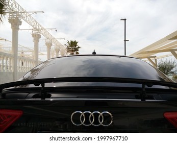 Durres Beach, Albania 27 June 2021: Audi Car, Rear Tinted Window With Spoiler And Logo