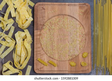 Durum Wheat Pasta Alphabet On Board, Healthy Food Eating, Smart  Carbohydrates.  Rust Metal Background
