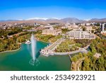 Dushanbe city centre aerial panoramic view. Dushanbe is the capital city of Tajikistan.