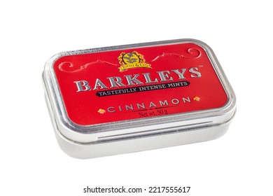 DUSHANBE, TAJIKISTAN - AUGUST 26, 2022: Barkleys Tastefully Intense Mints With Cinnamon Flavour Metal Package Box Isolated On White Background