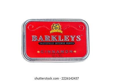 DUSHANBE, TAJIKISTAN - AUGUST 26, 2022: Barkleys Tastefully Intense Mints With Cinnamon Flavour Metal Package Box Isolated On White Background