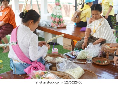 Dusit Palace Park, Bangkok - December 31, 2018 - Women Preparing Flower Arrangements.