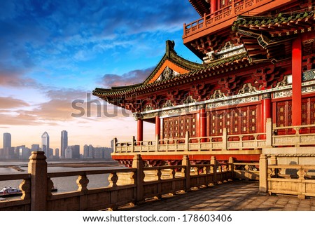 Dusk Chinese ancient buildings under the sky background (Nanchang Poetic)