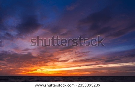Dusk, Evening Sky Clouds on Twilight over Sea, Dramatic horizon Orange Sunset sea Summer sky Golden Hour on Landscape nature dark Blue Sky Background 