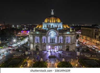 Dusk falls over the Palacio de Bellas Artes in Mexico City. Aerial view of Mexico city