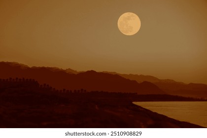 dusk on Black sea coast . Caucasian mountain. Batumi, Adjara, Georgia. beautiful sundown over rock. empty seacoast. no people. after sunset. full moon above peak. night scene. midnight.  - Powered by Shutterstock