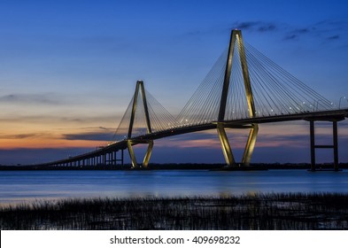 Dusk over the Arthur Ravenal bridge and Cooper River in Charleston South Carolina