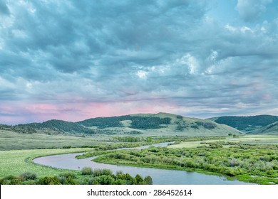 Dusk Over North Platte River In Colorado North Park Above Northgate Canyon, Early Summer Scenery With Waterfowl