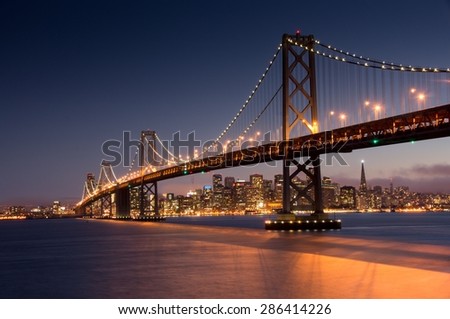 Dusk over San Francisco-Oakland Bay Bridge and San Francisco Skyline from Yerba Buena Island