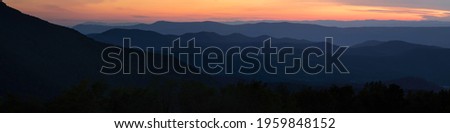 A dusk panoramic view from the Spitler Knoll Overlook along Skyline Drive in Shenandoah National Park.
