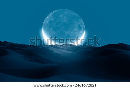 Dusk sky with crescent moon in the clouds on the foreground hot desert (sand dune) 