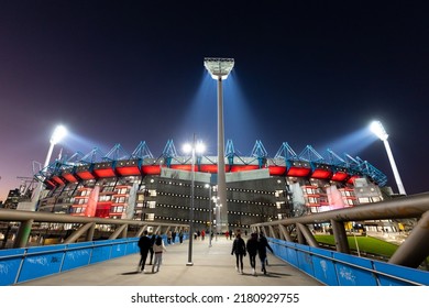 Dusk View Of Melbourne's Famous Skyline And Melbourne Cricket Ground Stadium In Melbourne, Victoria, Australia.