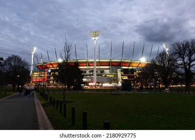 Dusk View Of Melbourne's Famous Skyline And Melbourne Cricket Ground Stadium In Melbourne, Victoria, Australia.