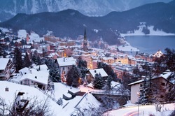 Dusk Winter View Of The Worldwide Famous Ski Resort Of St. Moritz, Graubunden, Switzerland