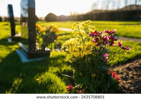 Dusk at a winter's English cemetery seen with in-focus flowers in a burial plot.