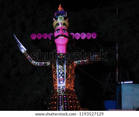 Dussehra festival celebration in India with burning effigy of Ravana