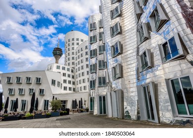 Dusseldorf, Germany - 10 July 2020: Neuer Zollhof Buildings In Dusselfdorf Hafen, Germany, The Business And Lifestyle District Of Dusseldorf City Famous For Its Modern Contemporary Architecture