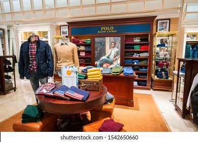 DUSSELDORF, GERMANY - 19 OCTOBER, 2019: Interior shot of Polo Ralph Lauren store in Breuninger luxury shopping mall at Schadowplatz in city center Dusseldorf, Germany