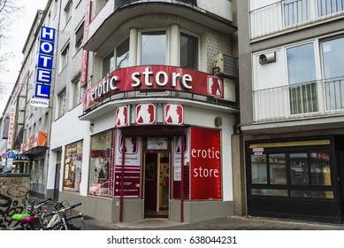 Dusseldorf, Germany - April 16, 2017: Erotic store located next to several hotels in Dusseldorf, Germany