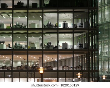 DUSSELDORF, GERMANY - DECEMBER 02, 2019: Corporate Bussiness Financial Offices Modern Glass Building Lit By Night