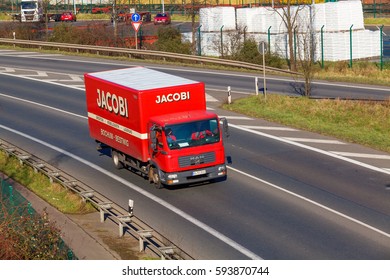 DUSSELDORF ,GERMANY - FEBRUAR 16: transport truck on the highway on Februar 16,2016 in Dusseldorf, Germany. truck on asphalt road