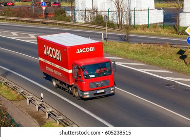 DUSSELDORF ,GERMANY - FEBRUAR 16: transport truck on the highway on Februar 16,2016 in Dusseldorf, Germany.  industrial infrastructure and railroad, cargo transportation