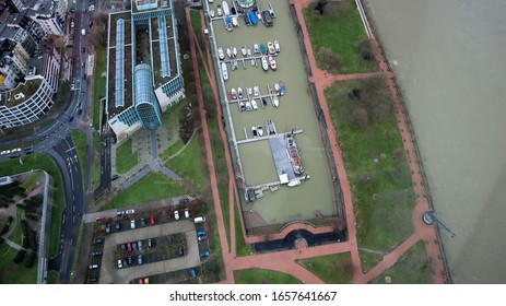 Dusseldorf, Germany - February 20, 2020. Scenic View Of The City Of Dusseldorf, The Embankment Of The River And The Rhine. Aerial View Of A European City In Germany. Aerial View Of A Drone. Panorama.