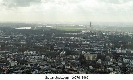 Dusseldorf, Germany - February 20, 2020. Scenic View Of The City Of Dusseldorf, The Embankment Of The River And The Rhine. Aerial View Of A European City In Germany. Aerial View Of A Drone. Panorama.