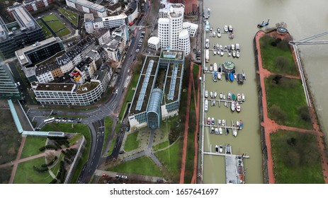 Dusseldorf, Germany - February 20, 2020. Scenic View Of The City Of Dusseldorf, The Embankment Of The River And The Rhine. Aerial View Of A European City In Germany. Aerial View Of A Drone. Panorama.