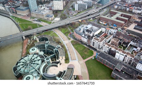 Dusseldorf, Germany - February 20, 2020. Scenic View Of The City Of Dusseldorf, The Embankment Of The River And The Rhine. Aerial View Of A European City In Germany. Aerial View Of A Drone. Panorama.