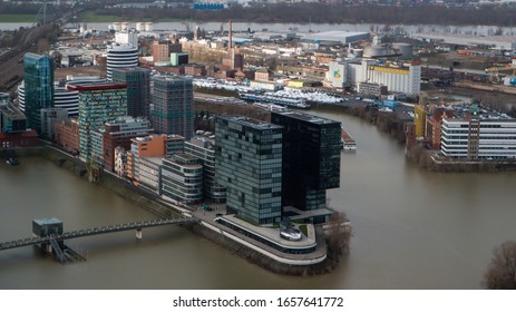 Dusseldorf, Germany - February 20, 2020. Scenic View Of The City Of Dusseldorf, The Embankment Of The River And The Rhine. Aerial View Of A European City In Germany. Aerial View Of A Drone. Panorama.