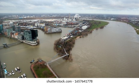 Dusseldorf, Germany - February 20, 2020. Scenic View Of The City Of Dusseldorf, The Embankment Of The River And The Rhine. Aerial View Of A European City In Germany. Aerial View Of A Drone. Panorama.