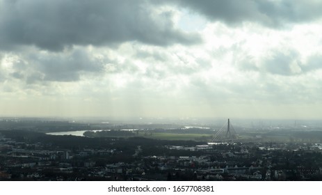 Dusseldorf, Germany - February 20, 2020. Scenic View Of The City Of Dusseldorf, The Embankment Of The River And The Rhine. Aerial View Of A European City In Germany. Aerial View Of A Drone. Panorama.