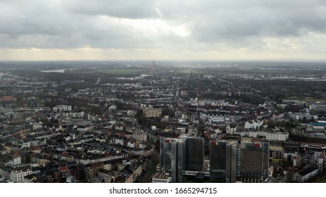 Dusseldorf, Germany - February 20, 2020. Scenic View Of The City, The Embankment Of The River And The Rhine. Aerial View Of A European City. Aerial View Of A Drone. Panorama.